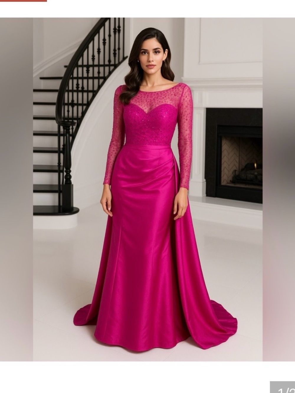 Elegant Long Sleeve Fuchsia Evening Gown
